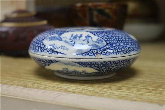 A Chinese blue and white seal paste box and cover, and other Oriental items